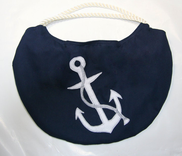 Beach Bag  Navy Nautical Anchor  with Rope Handles Lined - appletotesandco