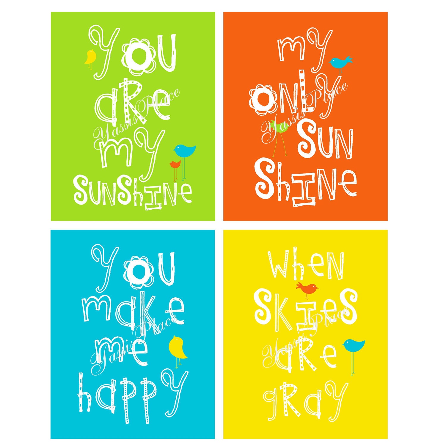 You Are My Sunshine Prints - with Birds 4 pc Set 11x14 in Green Orange Turquoise and Yellow by YassisPlace