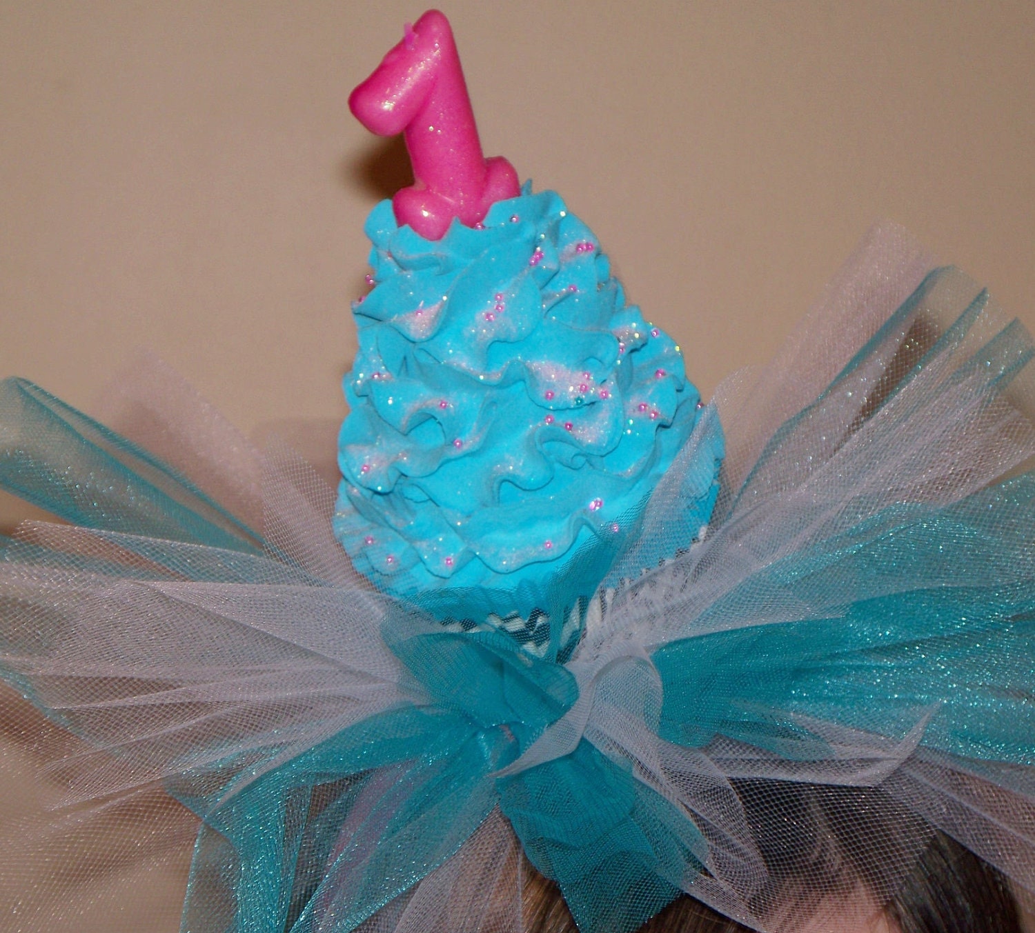 First Birthday Fake Cupcake Tutu Headband with Number One Candle on Top, Cute Photo Prop, Birthday Party Hat
