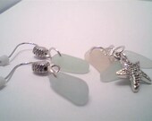 Genuine drilled aqua beach sea glass dangle pendant w/ starfish charm & earring's handmade necklace
