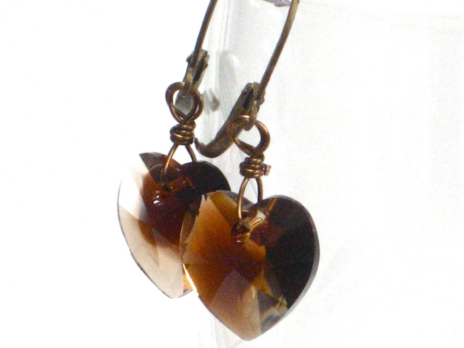 Brown Earrings, Heart Earrings Swarovski Crystal Hearts Antiqued Brass Dangle Fall Fashion - Coffee Love - CCARIA