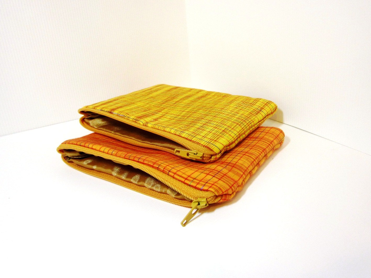 Small Zipper Pouch Set - Orange and Yellow Metallic Plaid