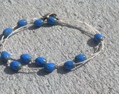 Beaded Wrap Bracelet Faceted Blue Czech Glass Beads Green Tipped on cream Irish Waxed Linen