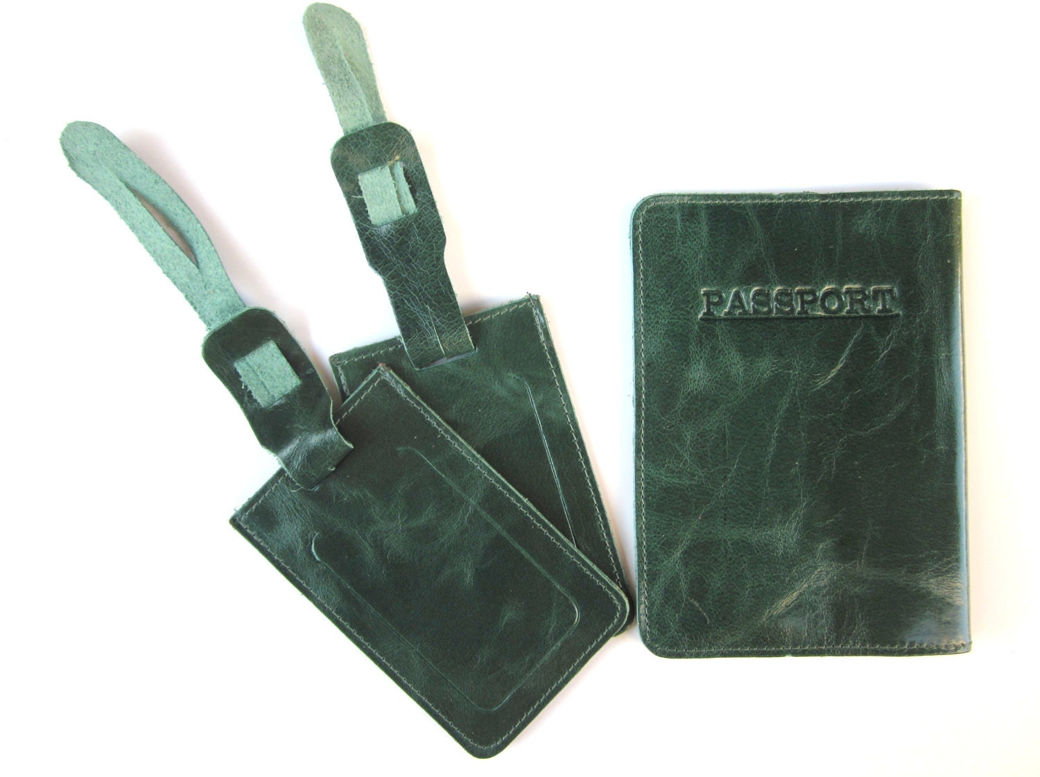PASSENGER'S SET - Passport Leather Cover & 2 Luggage Tags - Forest Green