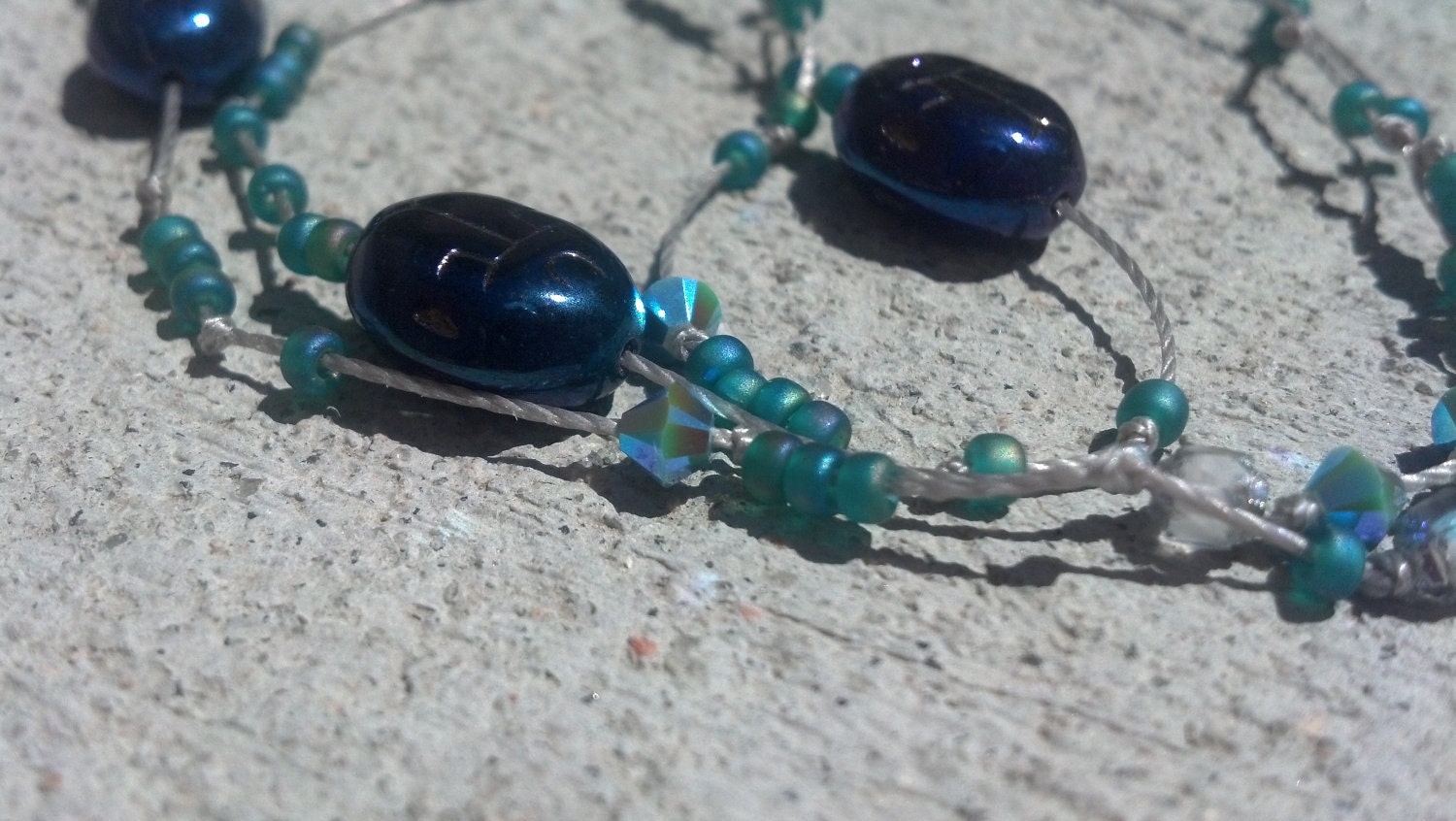 Purple Scarab Necklace Beaded Bead Bracelet Wrap Deep Iris Blue, Turquoise, Frosty Teal Czech Glass ooak on steel grey