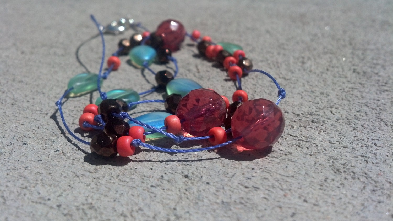 Pink Opal Bead Beaded Necklace Bracelet Wrap, Coral, dark Brown, soft Green and Tangerine Czech Glass ooak on royal purple