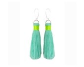 Mini fringe tassel earrings in Aqua and Neon Yellow