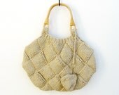 tote bag beige - knitted in cotton with rattan handles
