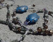 Turtle Bay Necklace Bracelet Wrap, Beads Beaded Gold Etched Turtles, Swarovski Crystals Bronze Czech Glass ooak on silver grey