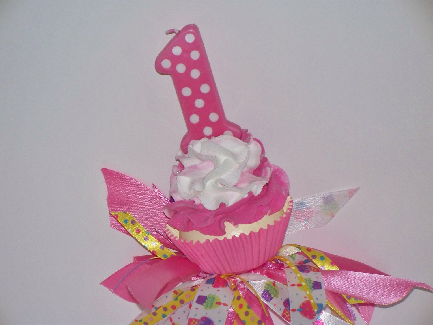 Pink and White Birthday Fake Cupcake / Party Hat with Number One Pink Polka Dot Candle, for Birthday Photo Props
