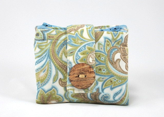 Women Wallet, Zipper Pouches, Cotton, Blue, Green, Tan, Leaf Print - PoePoePurses