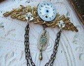 20% off EVERYTHING Steampunk Brooch blue RARE blue ANTIQUE porcelain pocket watch face pin 1920 wristwatch art deco
