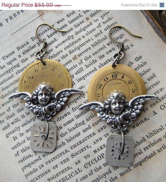 20% off EVERYTHING Steampunk Earrings VICTORIAN angel CHERUBS vintage watch parts antique brass clock