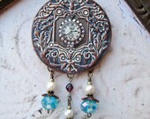 20% off EVERYTHING Shabby Steampunk RHINESTONE Repousse Brooch Chic Pearls aqua glass beads copper watch face Necklace