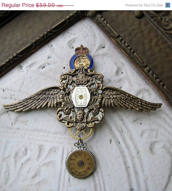 20% off EVERYTHING Royal Steampunk Antique Pocket Watch Parts Brooch vintage enamel pin crown lion Ornate Brass angel wings rhinestones