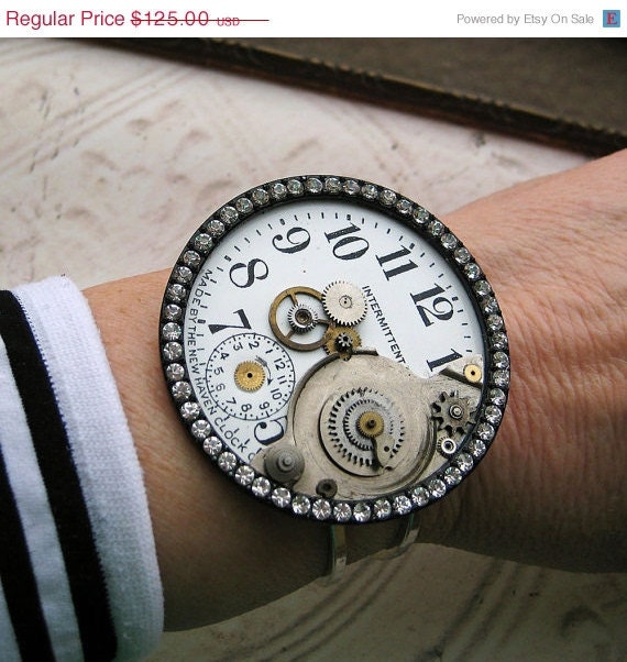 20% off EVERYTHING Steampunk Jewelry Bracelet Antique Cuff RHINESTONES Silver black white gothic Victorian vintage pocket watch parts gears
