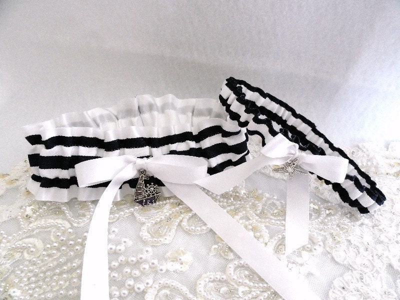 Dark Navy Blue and White Nautical Stripe Garter- Nautical Charms-Perfect for Summer Wedding