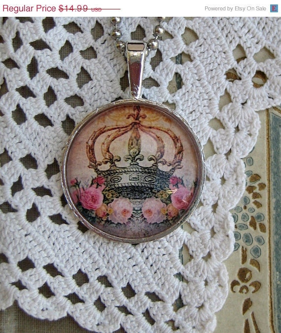 20% off EVERYTHING Mothers Day Necklace Chic Crowns Shabby Roses silver bezel glass domes