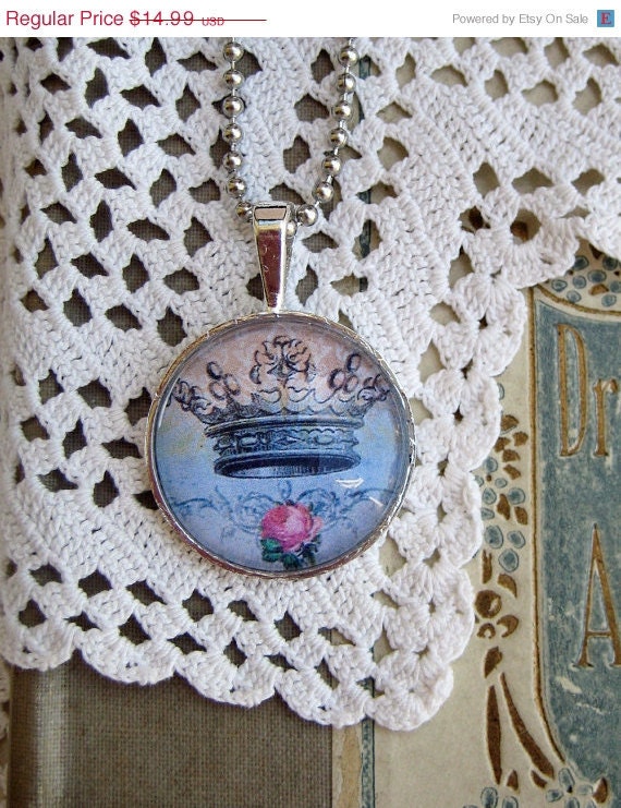 20% off EVERYTHING Mothers Day Necklace Chic Crowns Shabby Roses silver bezel glass domes