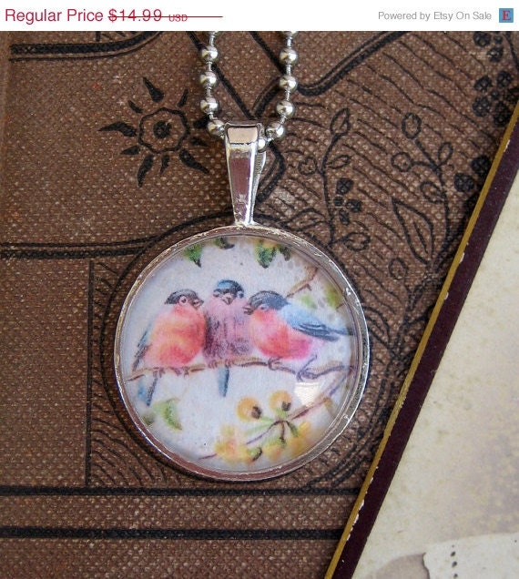 20% off EVERYTHING Mothers Day Necklace Beautiful little birds silver bezel glass domes collage ephemera