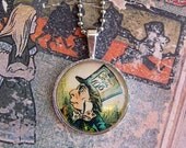 20% off EVERYTHING Alice in Wonderland Mothers Day Necklace Mad Hatter silver bezel glass domes collage ephemera