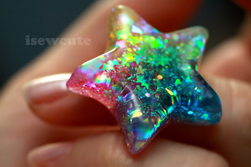 Star Ring ...Catch a Falling Star Like Mermaid Treasures ...rainbow glitter resin jewelry handmade by isewcute