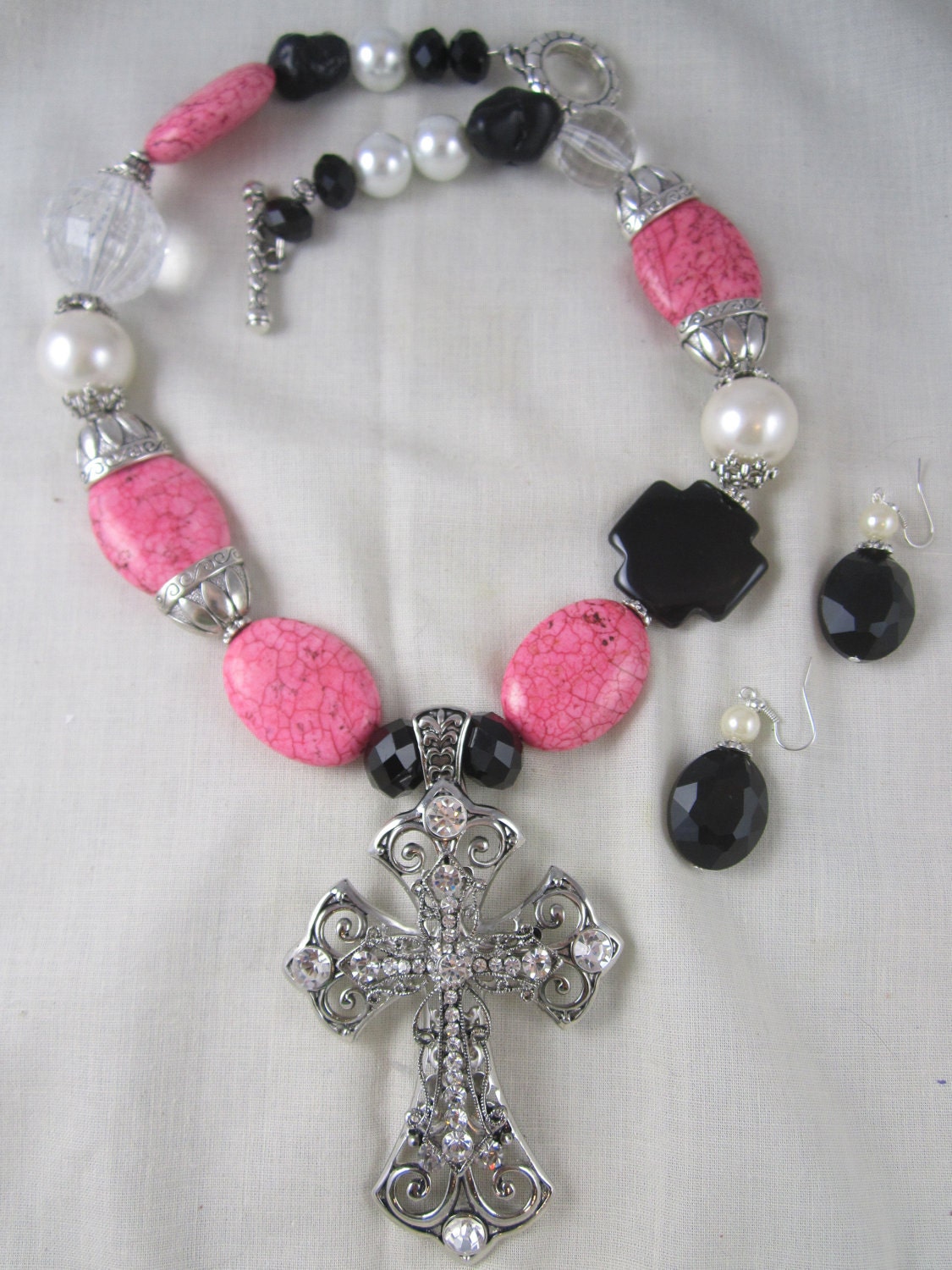 Chunky Crystal Cross Necklace Turquoise Pink Black White