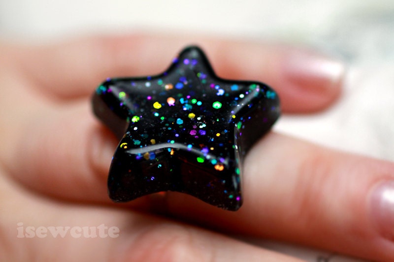 Star Ring ...Catch a Falling Star Like A Rainbow Galaxy ...glitter resin jewelry handmade by isewcute