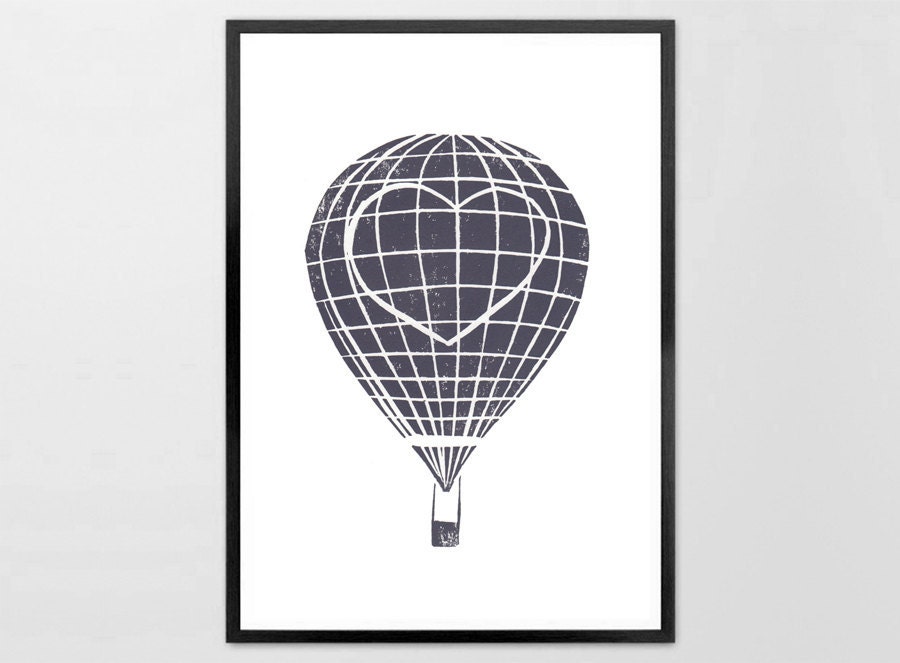 Lino Print - Gray Heart Travel Balloon -  Linoleum Art Print dark gray