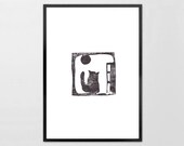 Linocut Print - CAT CAT PUSSYCAT - typography Archival Art Print Black ink