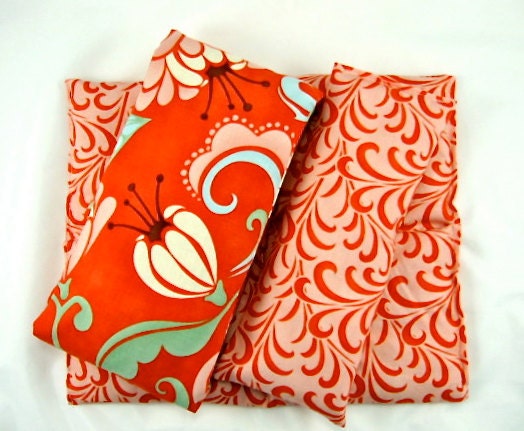 3 PC Neck Wrap Back Pack Eye Pillow Gift Set Organic Flaxseed Rice Lavender Scented Floral Coral Cream Blue