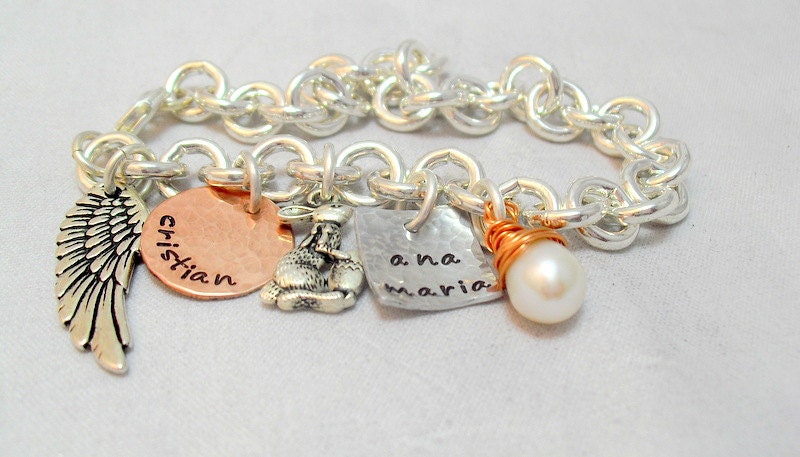 Two Disc Bracelet Personalized Bracelet Hand Stamped Bracelet Sisters Initial Bracelet Angel Wing