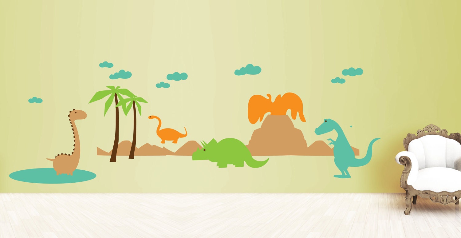 Dinosaur Wall Decal Set - Dinos with Volcano and Palm Trees - Large Children's Bedroom Wall Mural - Vinyl Sticker Wall Decor - CB124 - JaneyMacWalls