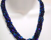 Black Silk Handknit Necklace/ Fiber Jewelry / blue aqua purple