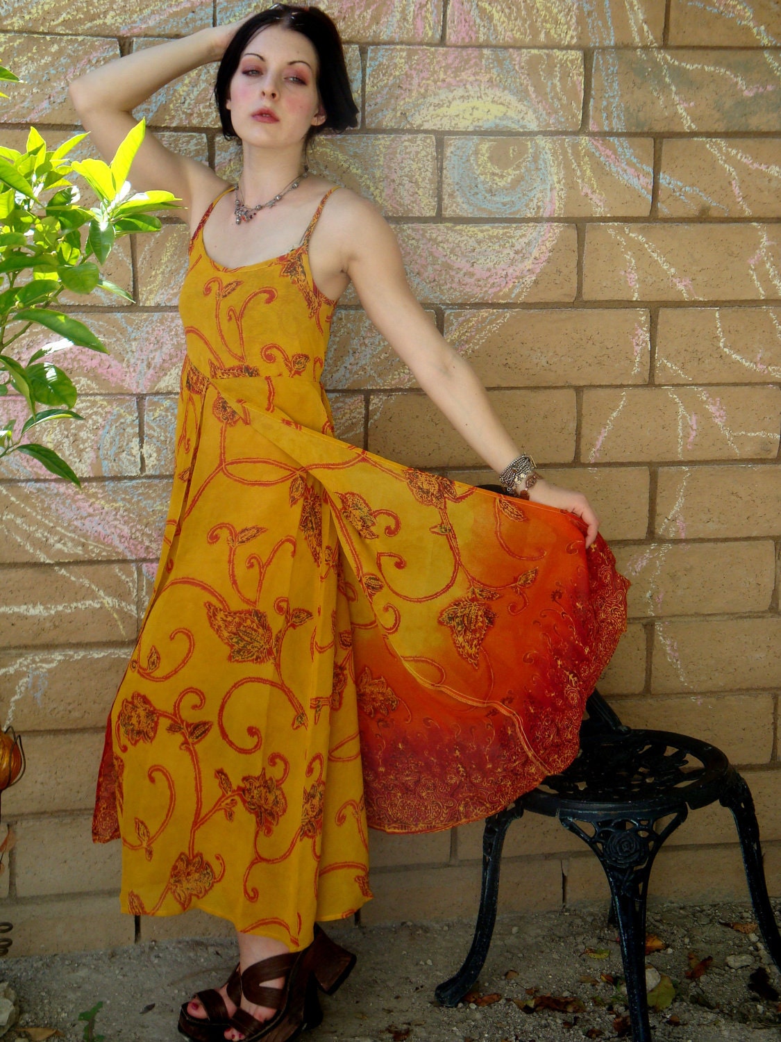 Vintage 90s gypsy Flaming Mango curtain layered Hippie Summer festival boho sheer Sun Maxi Dress Small Med