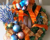 Modern X-Mas, Holiday, Christmas, New Years, Home Decor Wreath in Copper, Blue, Orange and Brown with decorative Cross rhinestone pendant