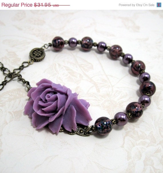 Purple Rose Victorian Beaded Necklace w Pearl and Glass Beads - Reverie in Indigo - MysticWynd