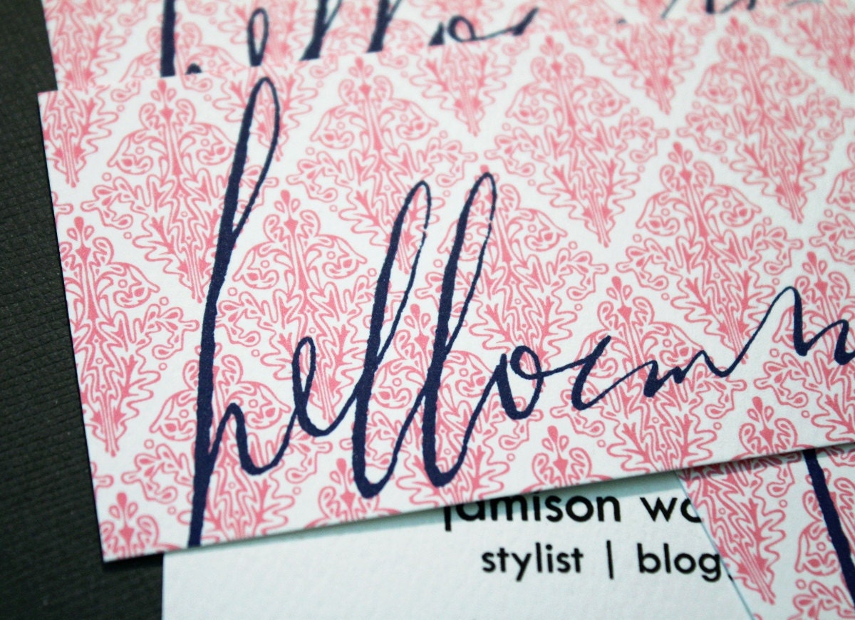 calligraphy hello with pink damask calling cards or mommy cards - set (50)