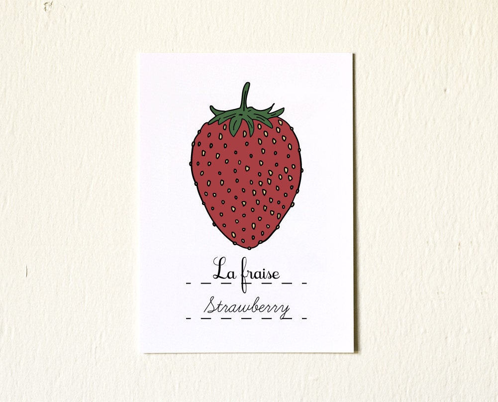 Red Strawberry 5x7 French Nursery Art Print  Baby girl - Spring Fruits Series Botanical Chart Nature Food Home decor