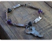 Secret Garden. Glass Tanzanite Rosebuds, Czeck glass blooms and vintage key bracelet