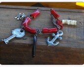Calypso's Labyrinth ( Davy Jones' Locker) Chunky Red Coral, , Anchor, Key, shark bone, Skull and Cross Bones OOAK bracelet