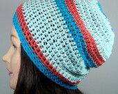Organic Cotton Slouch Beanie Hat in Aqua, Coral, Ice Blue Stripes