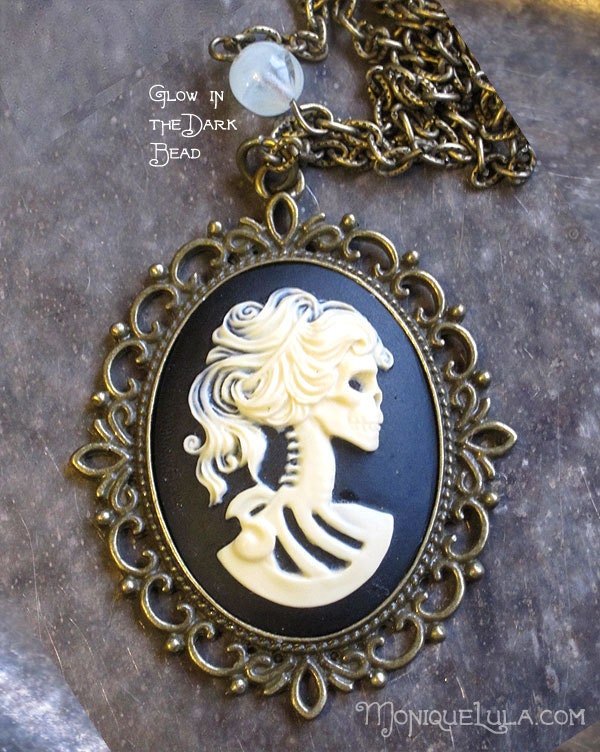 Black and White Gothic Lolita Ghost Skull Cameo with Glow Bead