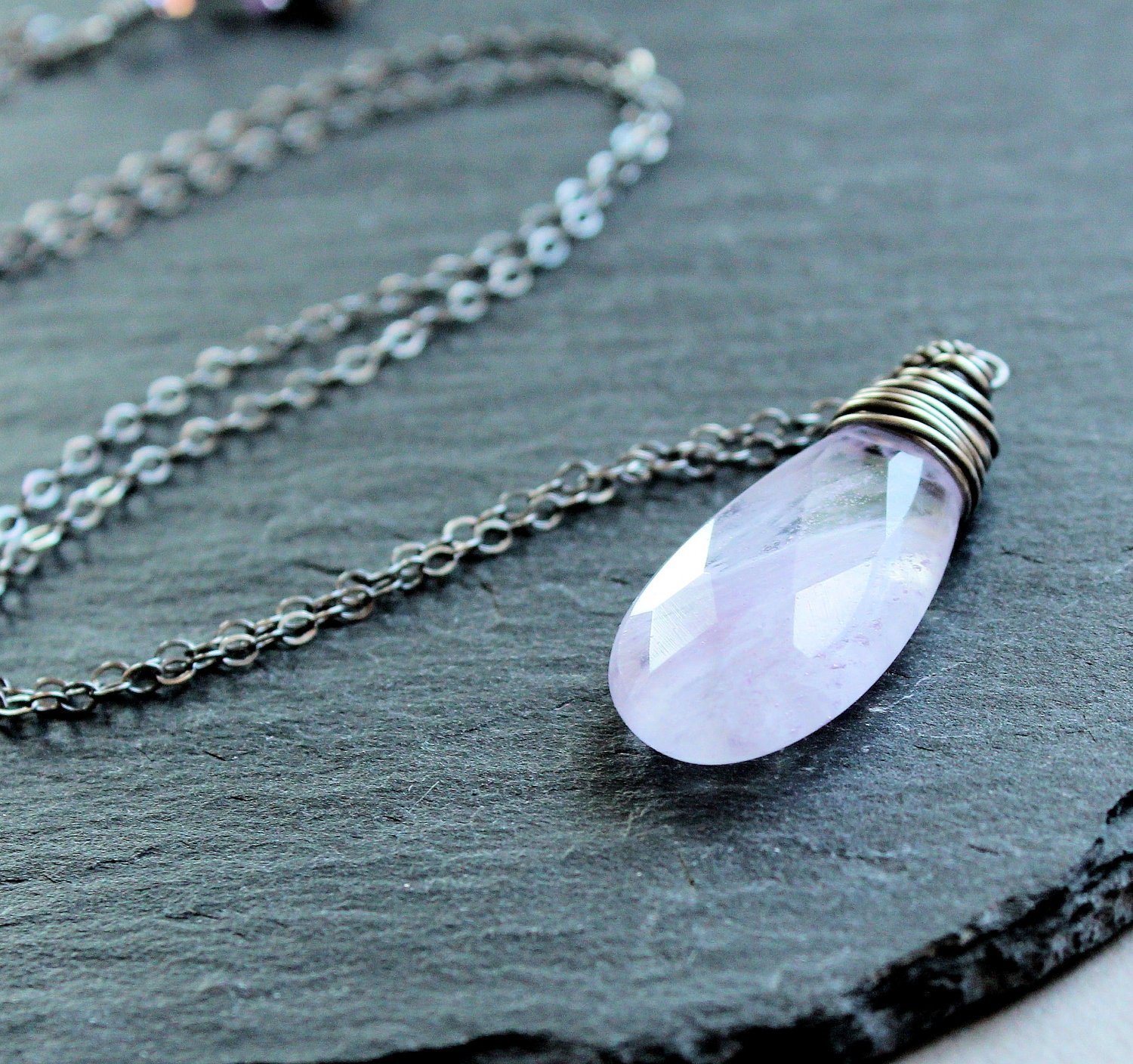 Teardrop Necklace - Quartz, Oxidized Silver,  Handmade Necklace, Wire Wrapped, Purple