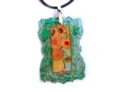 Van Gogh's Sunflowers Necklace, Green Glitter Resin Pendant