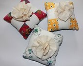 Vintage 9 Patch Patterned Quilt  Pillows with a Fabric Flower -  Set of 3
