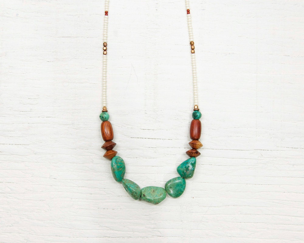 Seed and Stone No4 // Beaded Gemstone Necklace // Natural Turquoise and Vintage Wood // One of a Kind