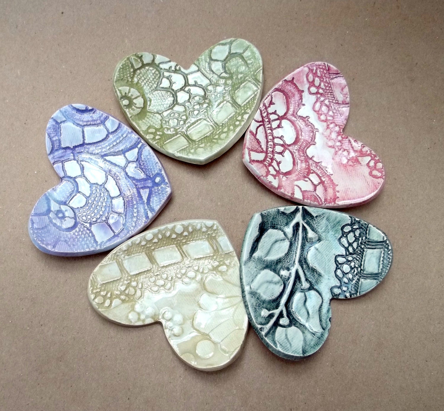 FIVE  Ceramic Heart ring bowls itty bittys