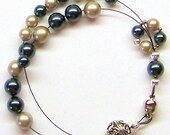 Row Counter Bracelet Swarovski Pearls Platinum and Blue Medium with Magnetic Clasp