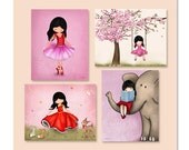 Girls room wall art, cherry blossom tree, ballerina, elephant reading, kids room decor, children pink room art,